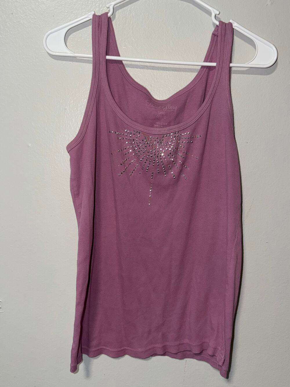 Faded Glory Purple Ribbed Tank Top Rhinestone Burst Graphic Sleeveless Scoop Nec